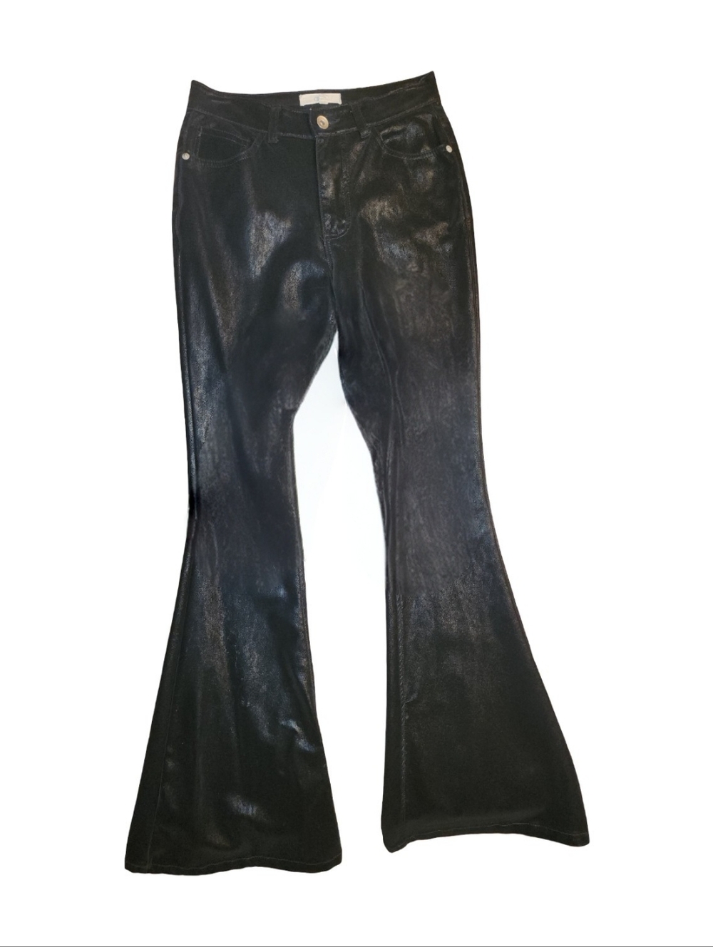 CHELSEA & VIOLET Liquid Leather Flare Trousers - Mid Rise Stretch Bell Bottoms